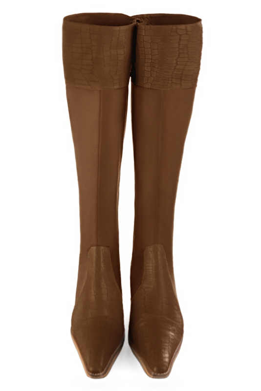 Caramel brown women's riding knee-high boots. Tapered toe. Low leather soles. Made to measure. Top view - Florence KOOIJMAN